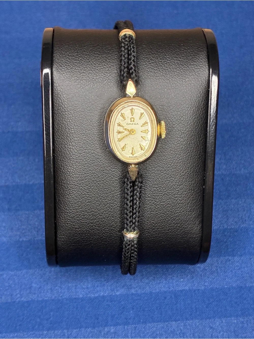 Omega Ladies 14k GF Oval Watch with Black Cord Strap
